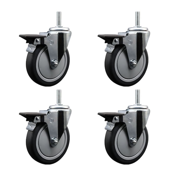 5 Inch Thermoplastic  Rubber Wheel Swivel 58 Inch Threaded Stem Caster Set with Brake SCC